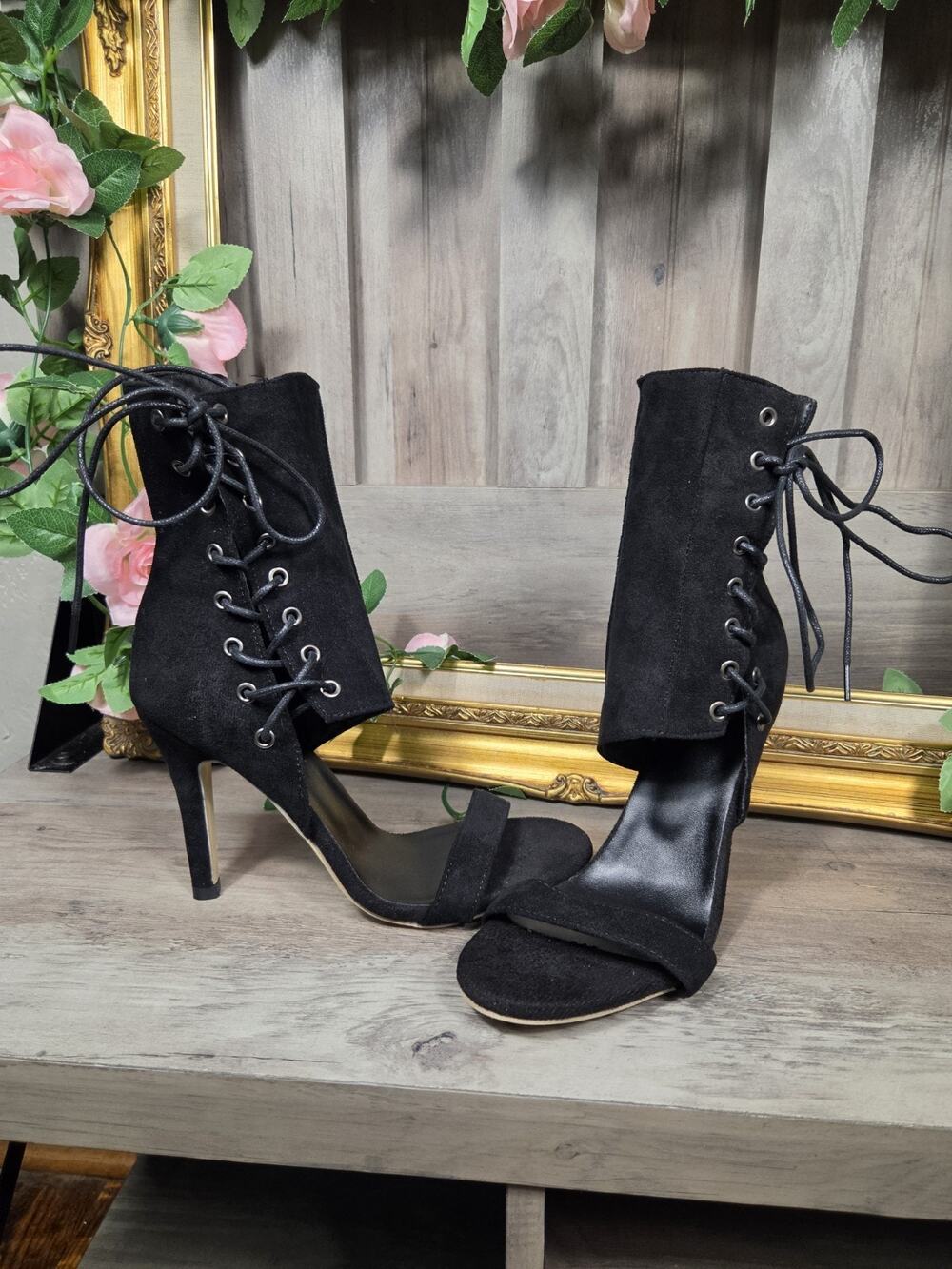 Women's Black Lace Up Open Toe Stiletto Heel Sandals Size 8.5 Ankle Booties